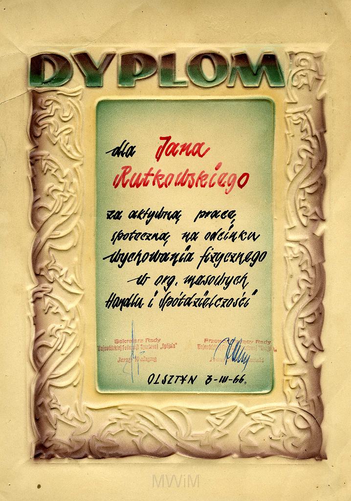 KKE 3222.jpg - Dyplom, Jana Rutkowskiego za pracę społeczną, Olsztyn, 1966 r.